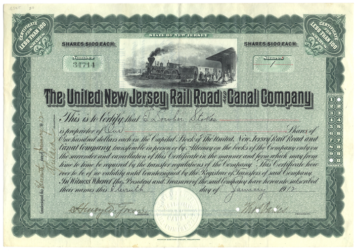 United New Jersey Railroad and Canal Company Stock Certificate