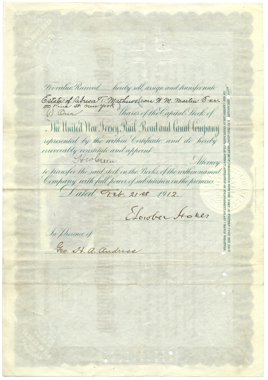 United New Jersey Railroad and Canal Company Stock Certificate