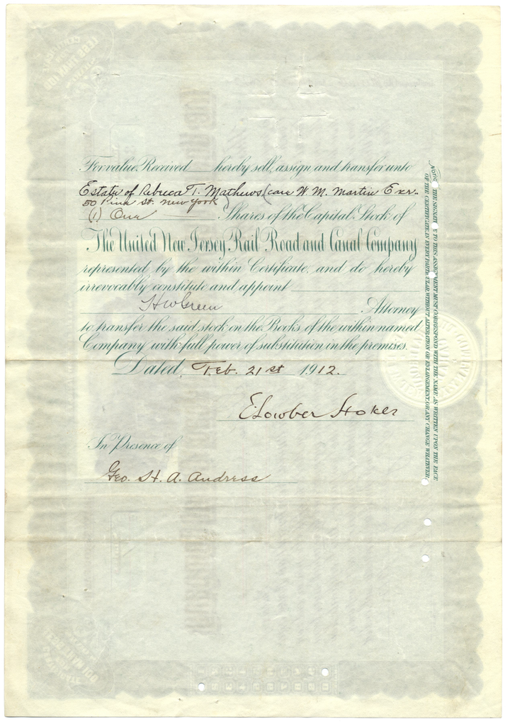 United New Jersey Railroad and Canal Company Stock Certificate