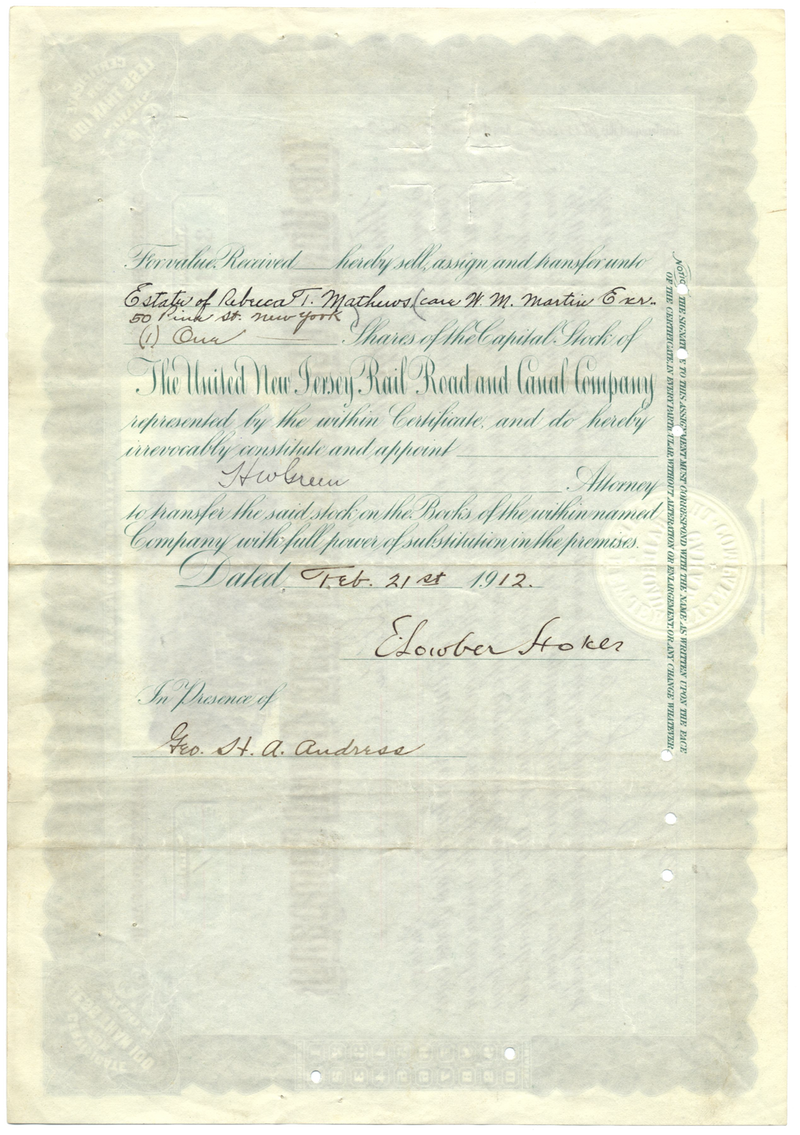 United New Jersey Railroad and Canal Company Stock Certificate Ghosts