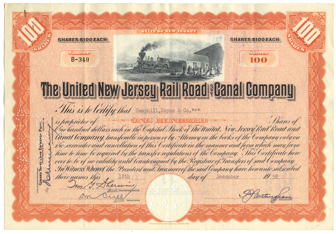 United New Jersey Railroad and Canal Company Stock Certificate