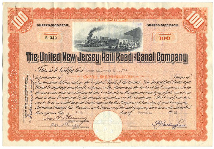 United New Jersey Railroad and Canal Company Stock Certificate