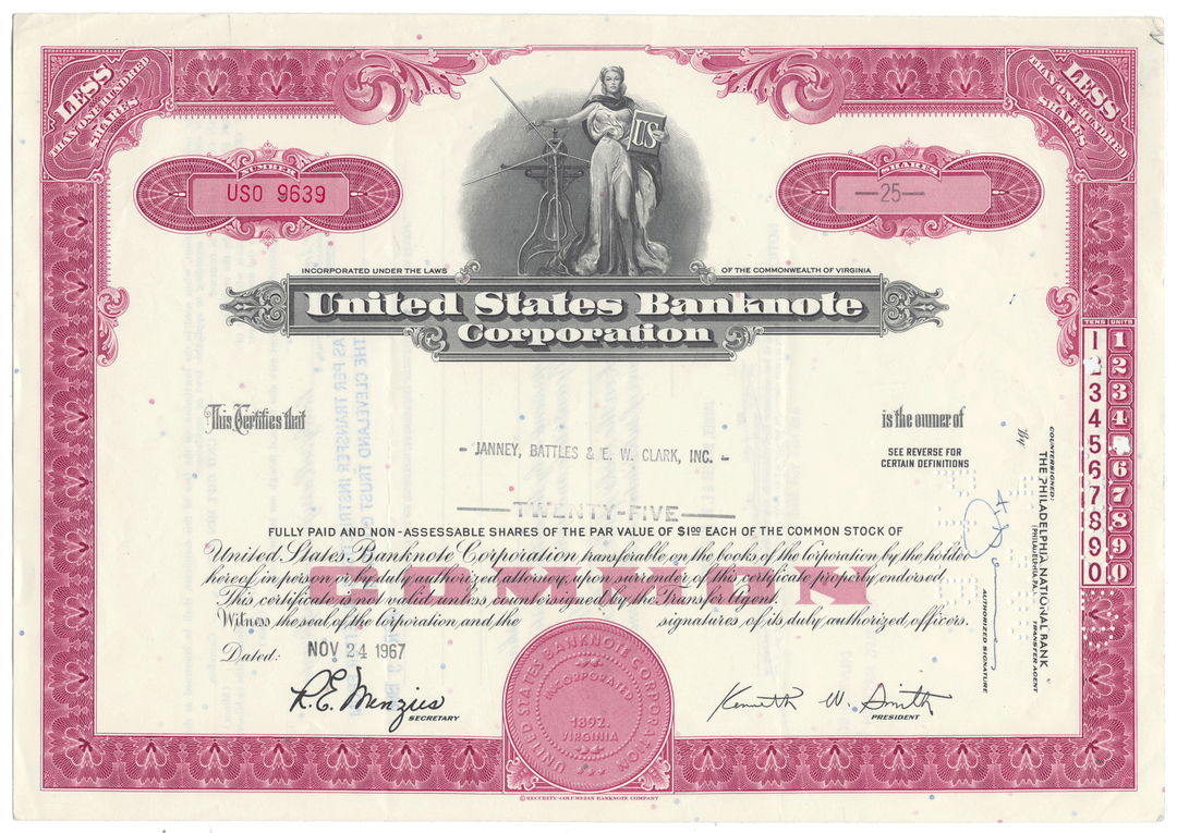 United States Banknote Corporation stock certificate with decorative elements