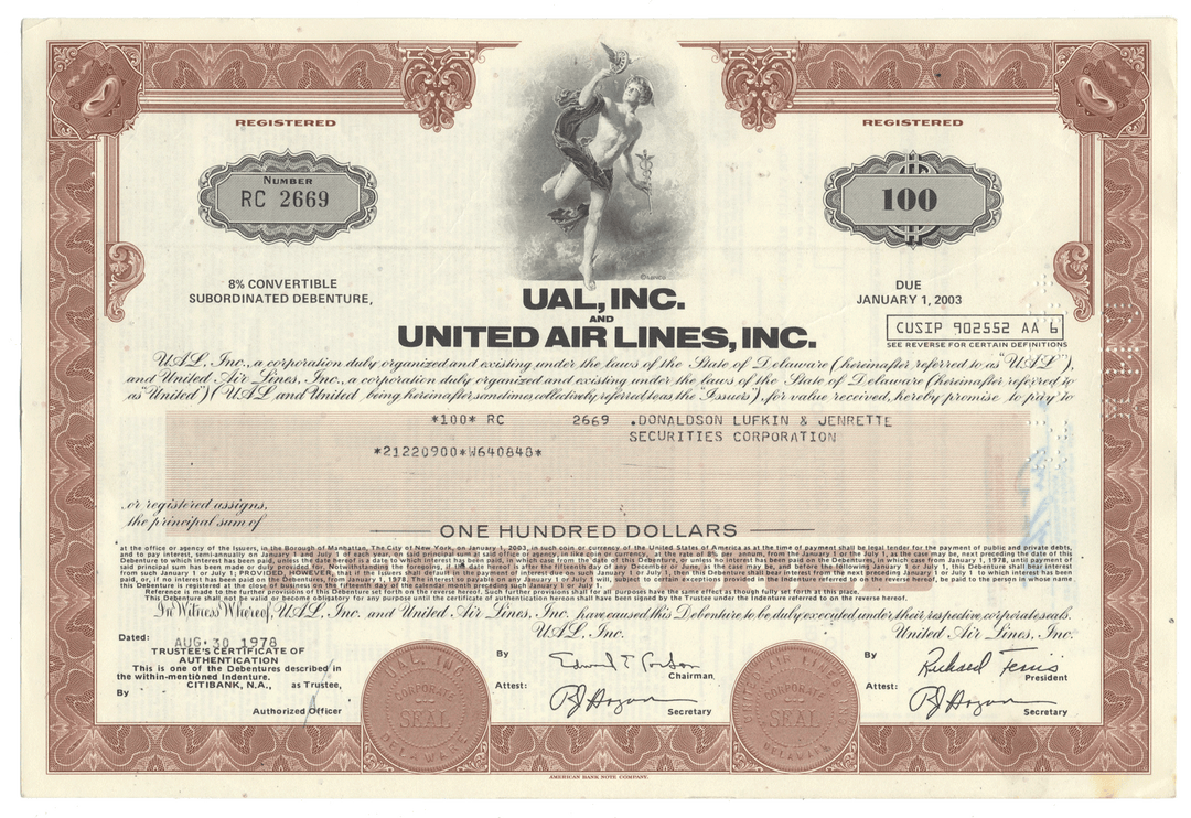 UAL, Inc. and United Air Lines, Inc. bond certificate from 1978