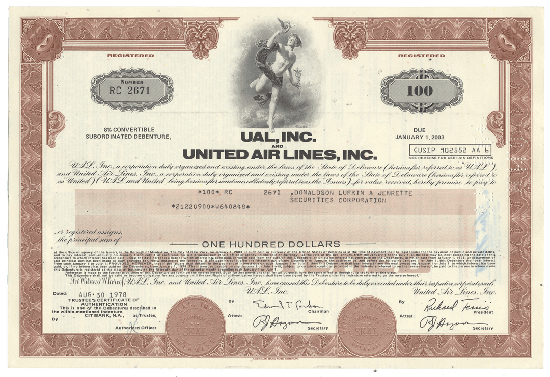 UAL, Inc. and United Air Lines, Inc. bond certificate from 1978
