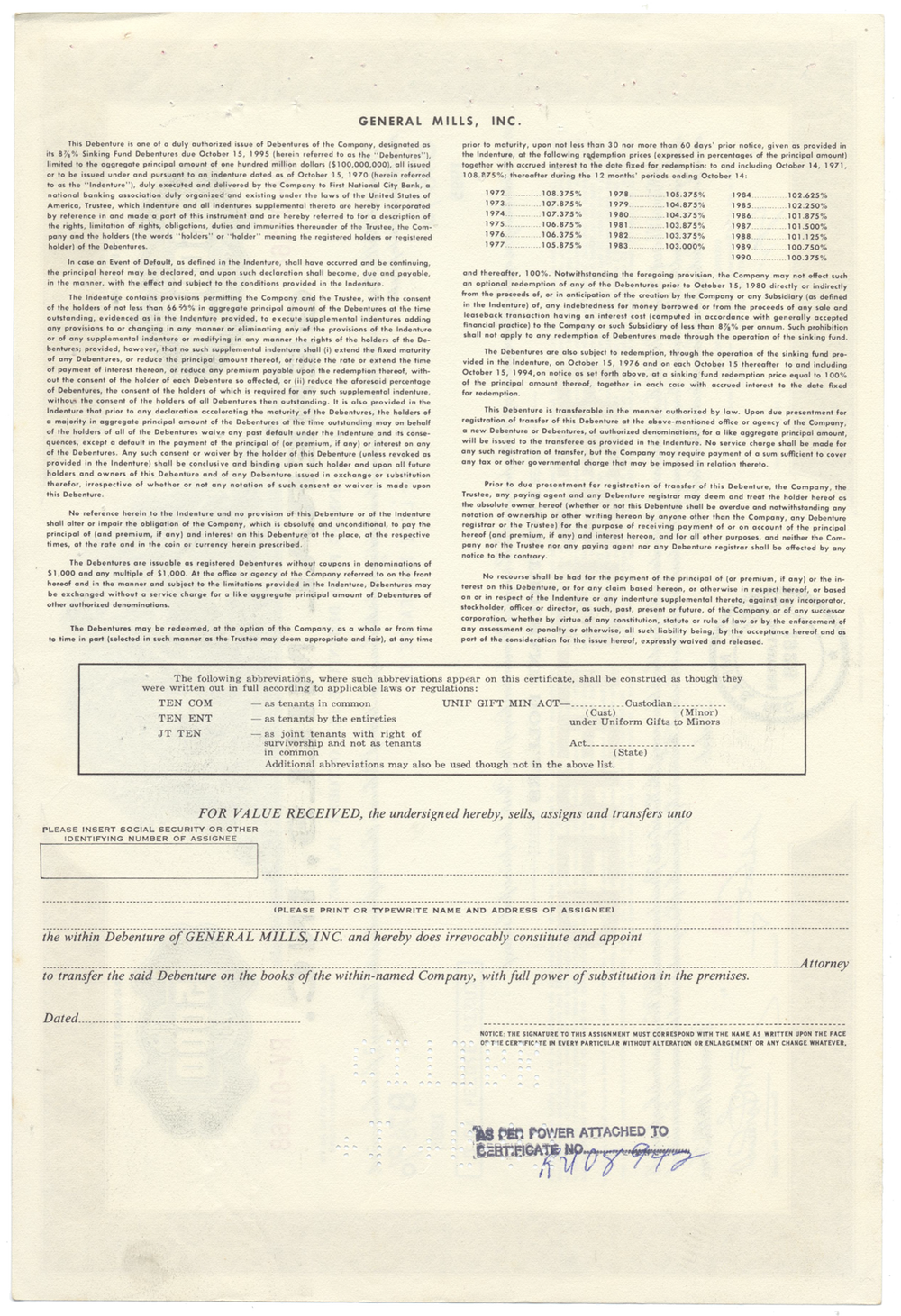 General Mills, Inc. Bond Certificate