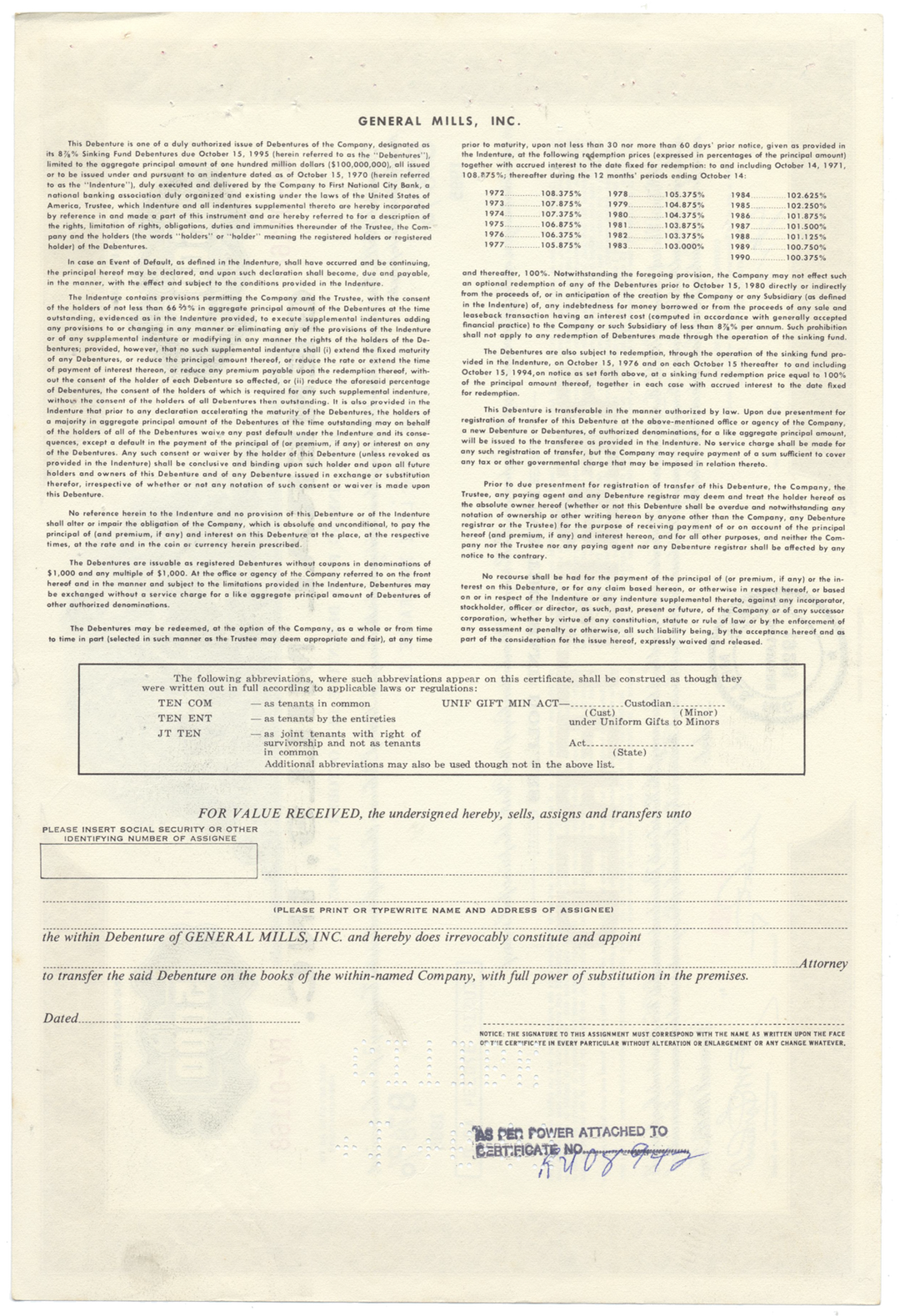 General Mills, Inc. Bond Certificate