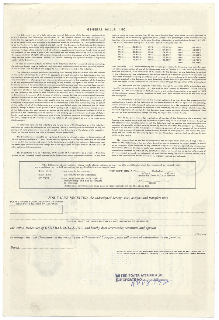 General Mills, Inc. Bond Certificate