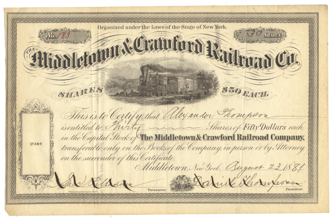 Middletown & Crawford Railroad Company Stock Certificate from 1881