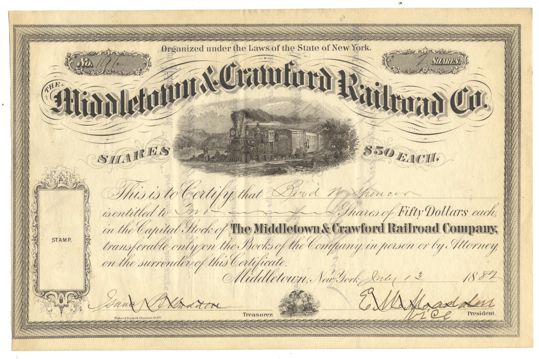 Middletown & Crawford Railroad Company stock certificate from 1882