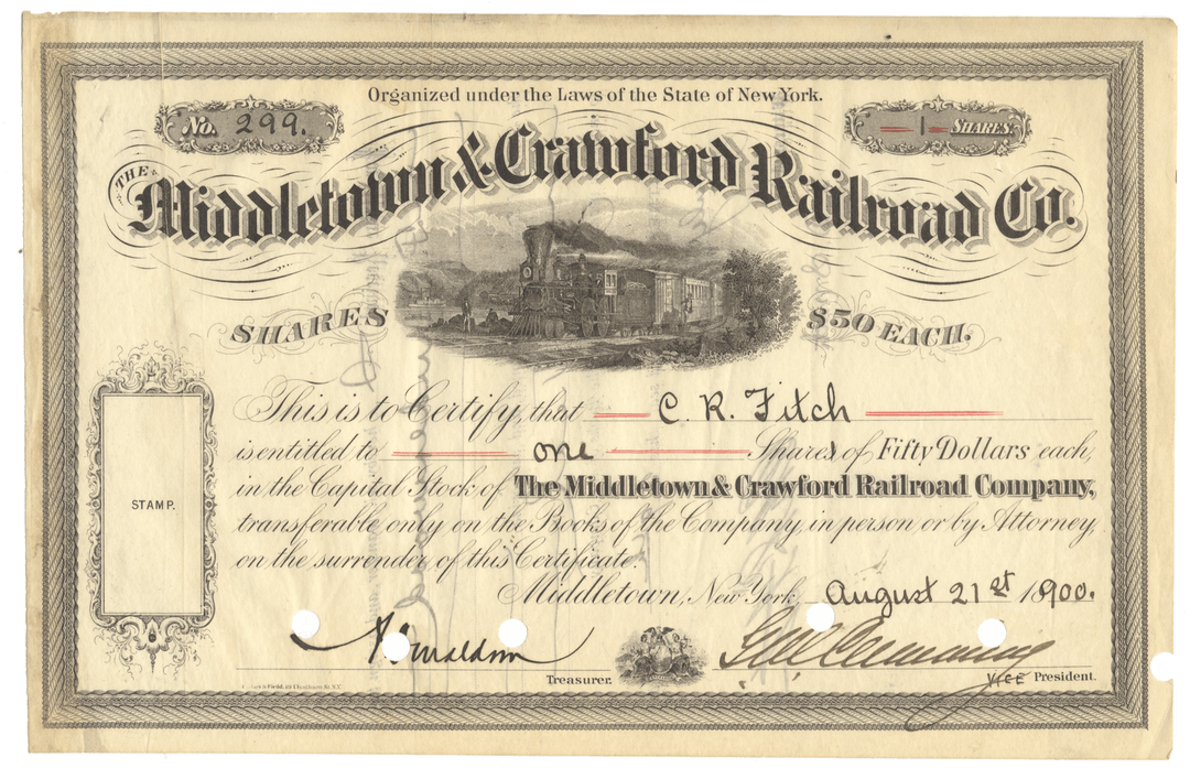 An antique stock certificate from The Middleton & Crawford Railroad Co., dated August 21, 1900