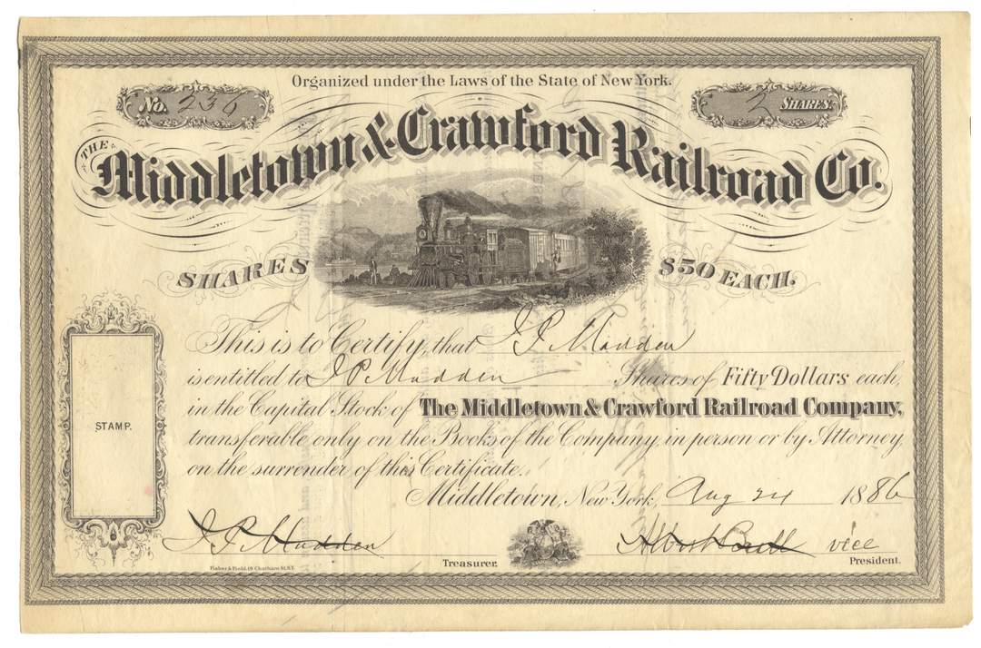 Historical stock certificate for the Middletown & Crawford Railroad Co. with text and a train illustration.