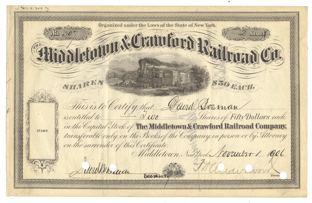 Historical stock certificate for the Middletown & Crawford Railroad Co. with a steam locomotive illustration from 1906