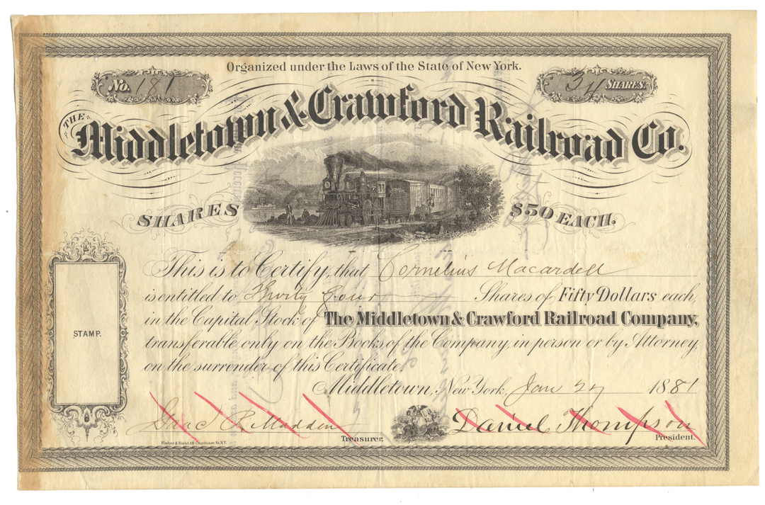Historical stock certificate for the Middletown & Crawford Railroad Co. with text and a steam locomotive illustration.