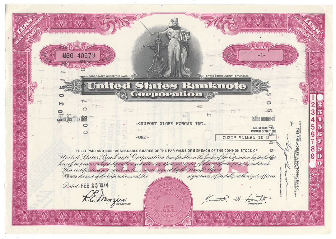 A vintage United States Banknote Corporation stock certificate from 1974