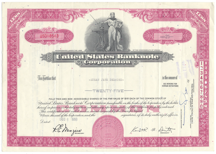 United States Banknote Corporation Stock Certificate