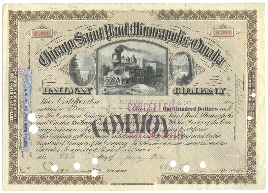 Chicago, Saint Paul, Minneapolis and Omaha Railway Company Stock Certificate