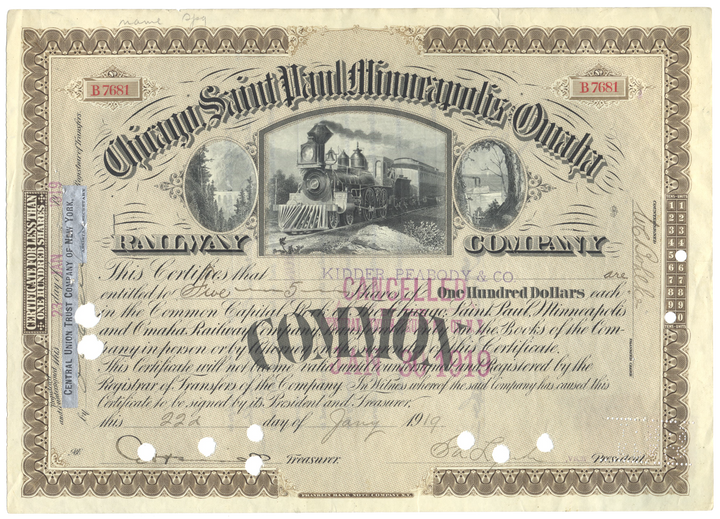 Chicago, Saint Paul, Minneapolis and Omaha Railway Company Stock Certificate