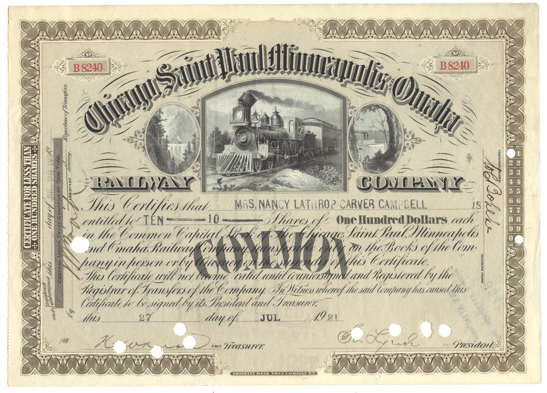 Historical stock certificate from the Chicago, St. Paul & Minneapolis & Omaha Railway Company from 1921