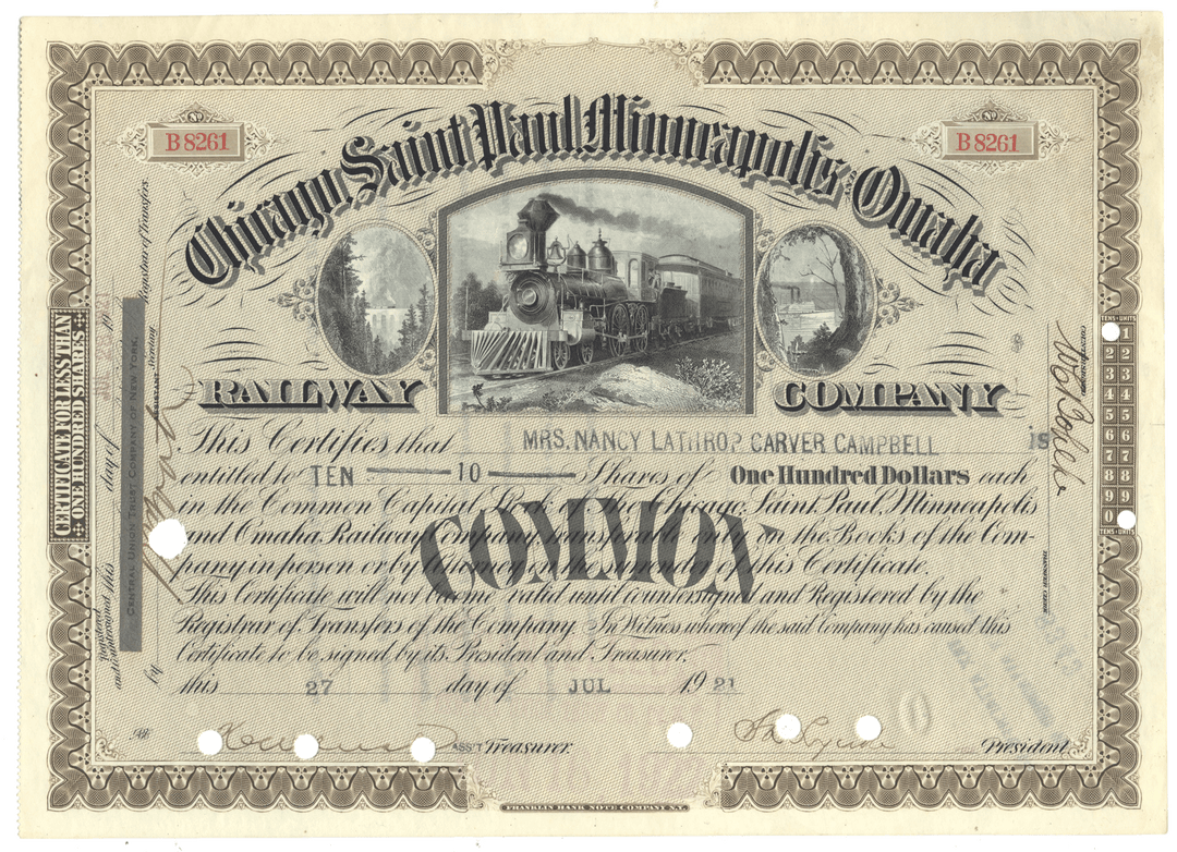 Vintage stock certificate from the Chicago, St. Paul, Minneapolis and Omaha Railway from 1921
