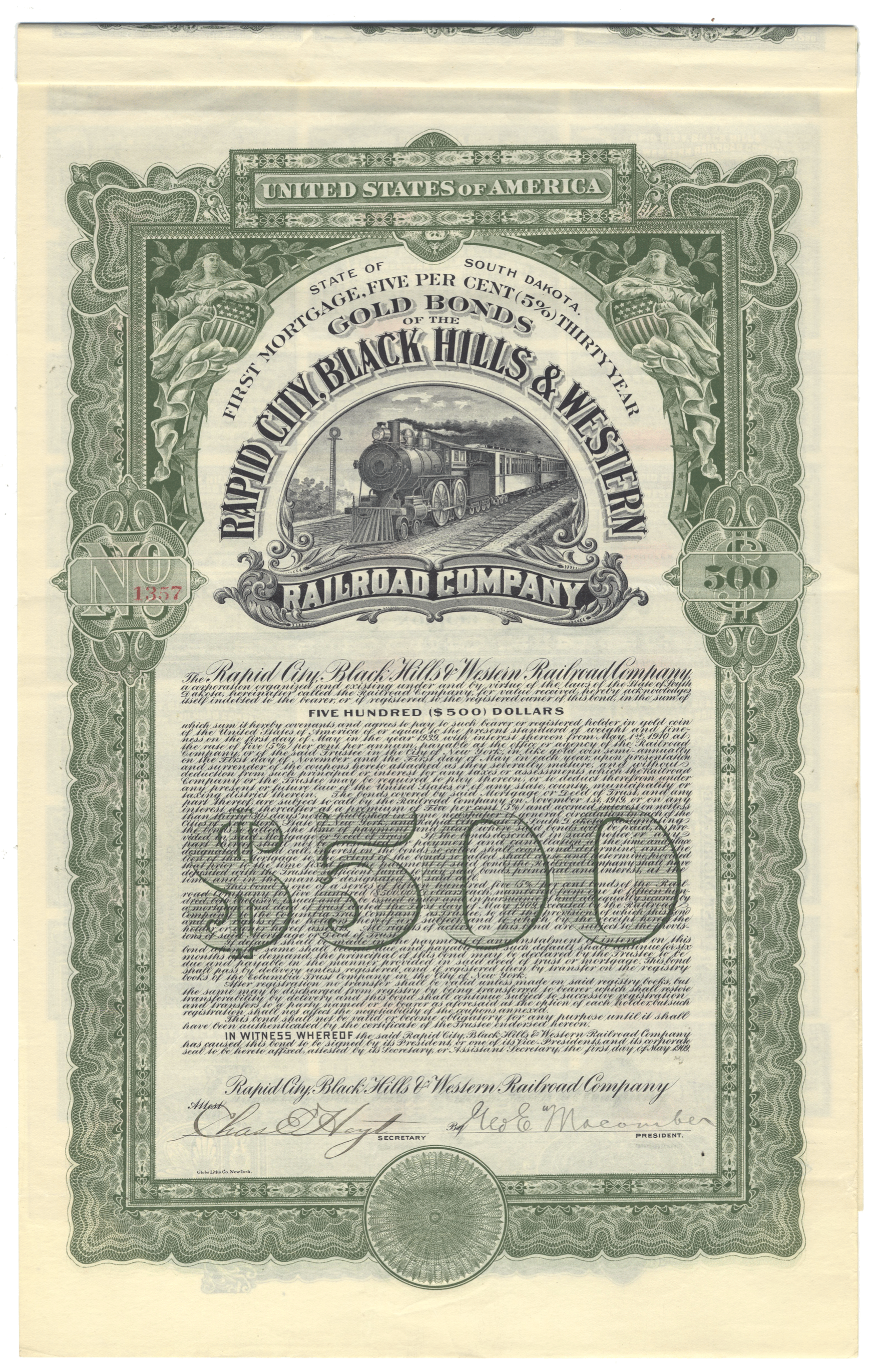 Vintage $500 United States Gold Bond from the Rapid City, Black Hills & Western Railroad Company dated 1909