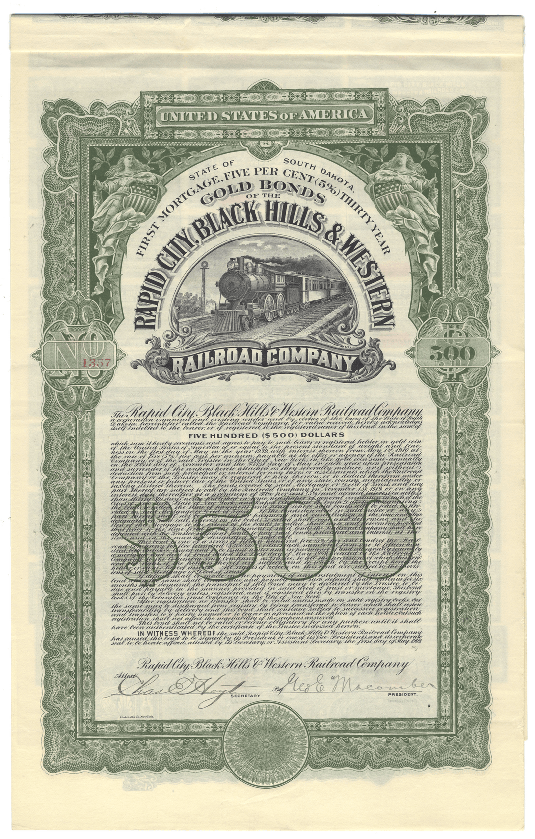 Vintage $500 United States Gold Bond from the Rapid City, Black Hills & Western Railroad Company dated 1909