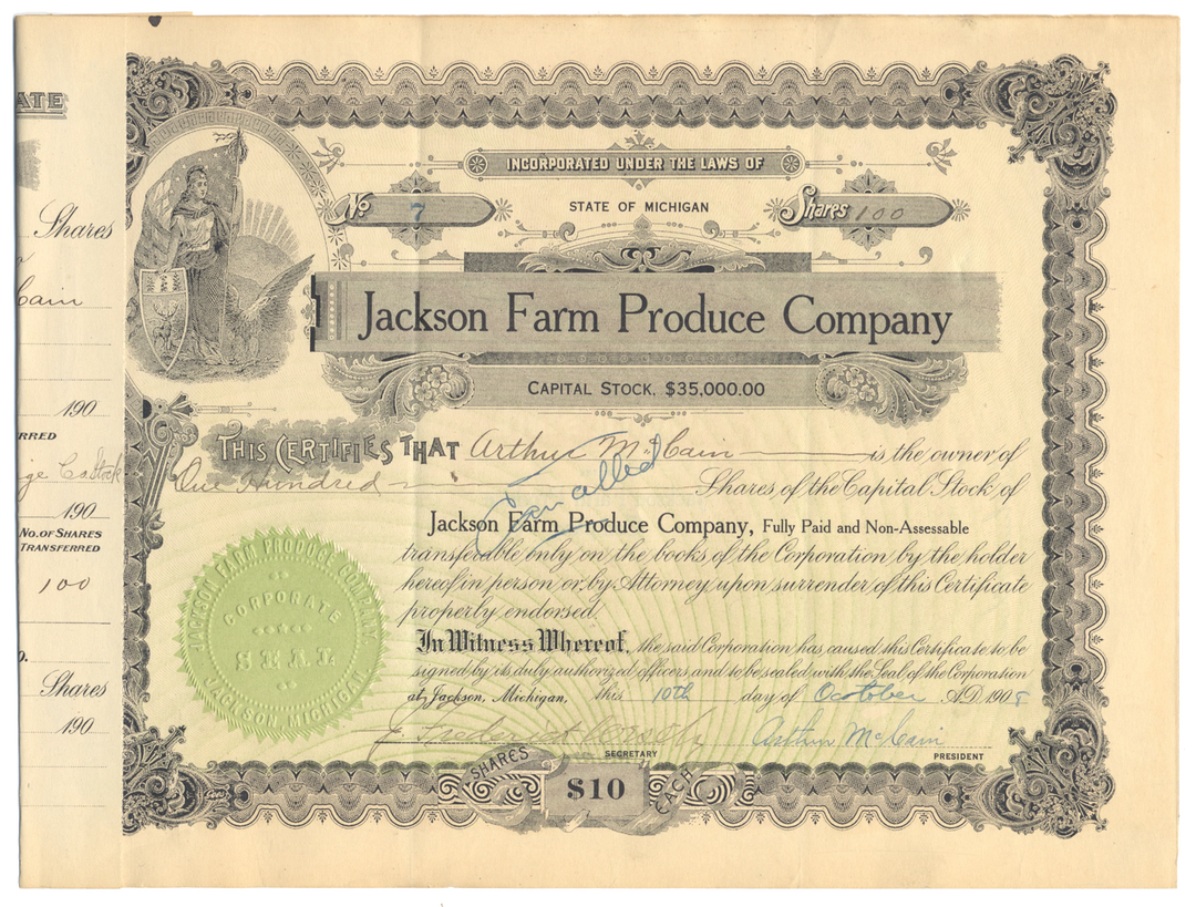 Jackson Farm Produce Company Stock Certificate