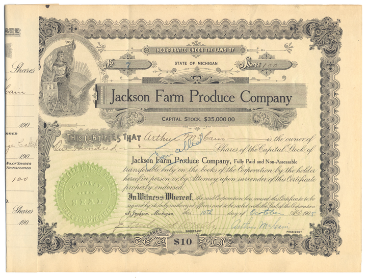 Jackson Farm Produce Company Stock Certificate