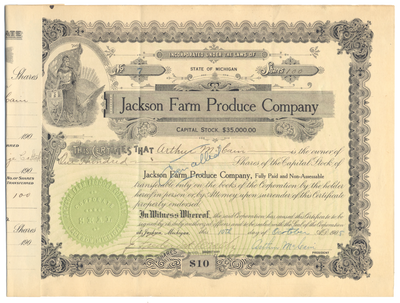 Jackson Farm Produce Company Stock Certificate