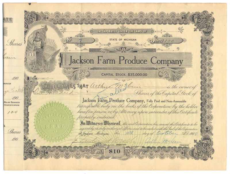 Jackson Farm Produce Company Stock Certificate