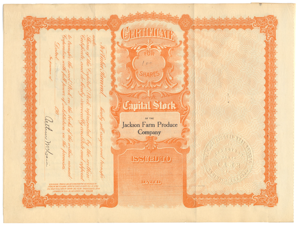 Jackson Farm Produce Company Stock Certificate