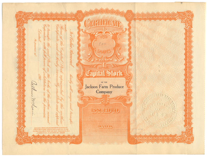 Jackson Farm Produce Company Stock Certificate