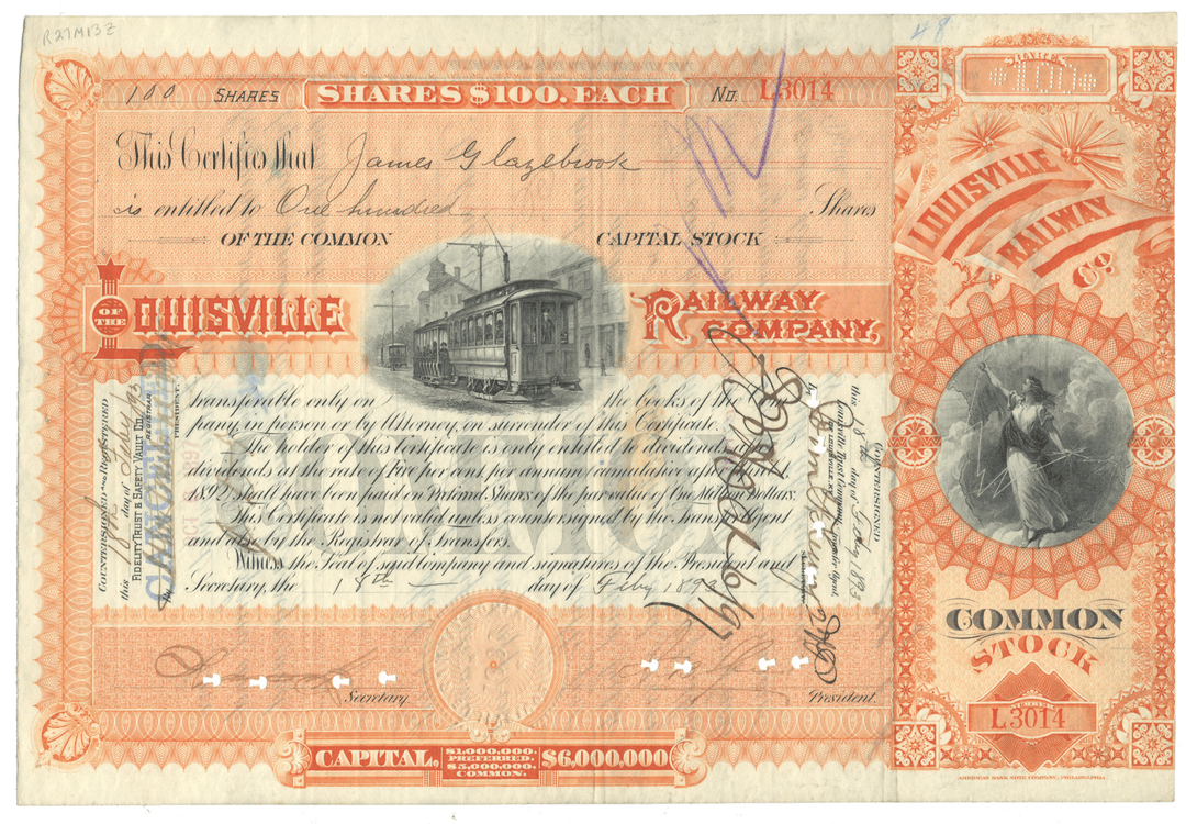 Louisville Railway Company Stock Certificate from 1893
