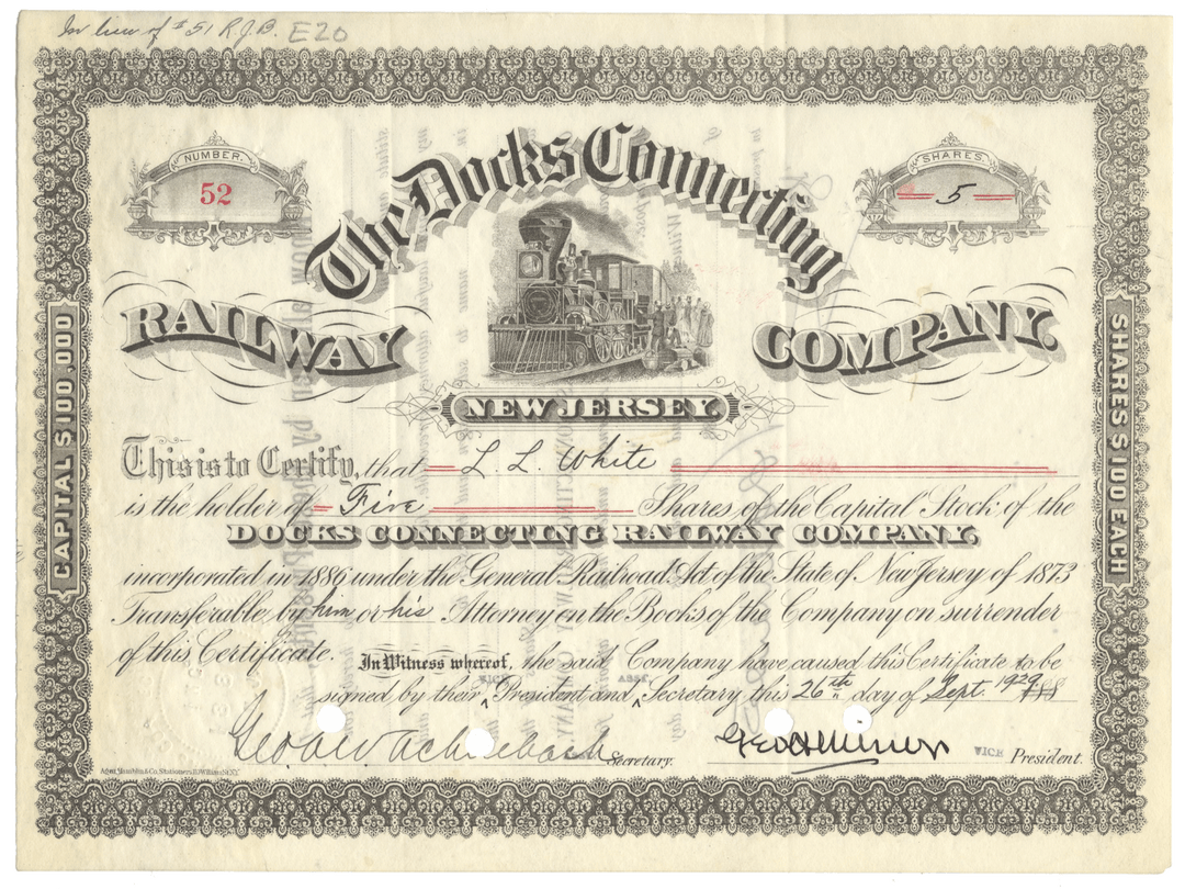 Historical stock certificate for The Docks Connecting Railway Company, New Jersey