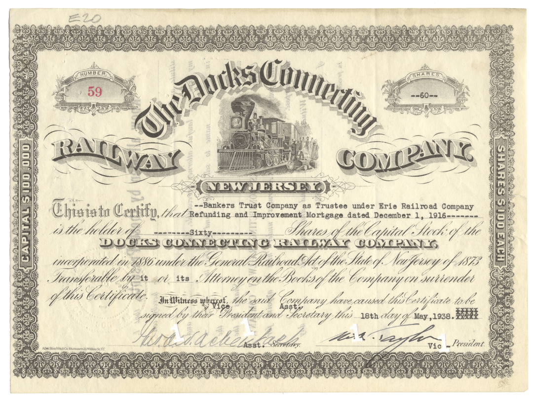 Vintage stock certificate for Docks Connecting Railway Company, New Jersey