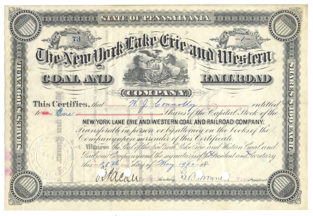 New York, Lake Erie and Western Coal and Railroad Company Stock Certificate