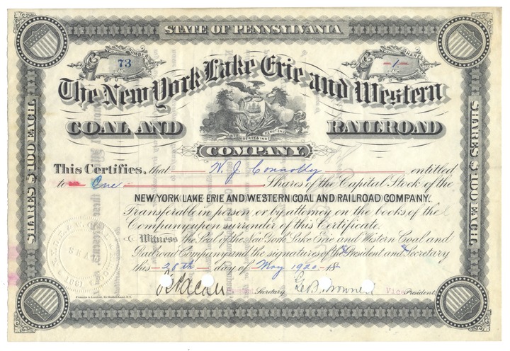 New York, Lake Erie and Western Coal and Railroad Company Stock Certificate