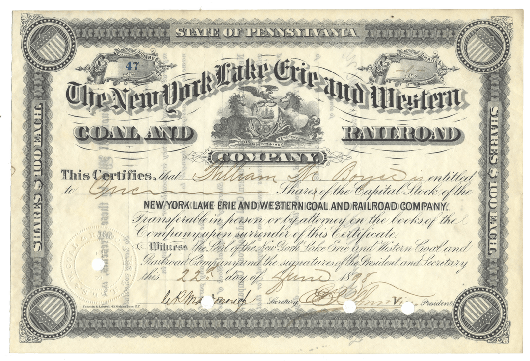 Historical stock certificate from the New York Lake Erie & Western Coal and Railroad Company from 1898