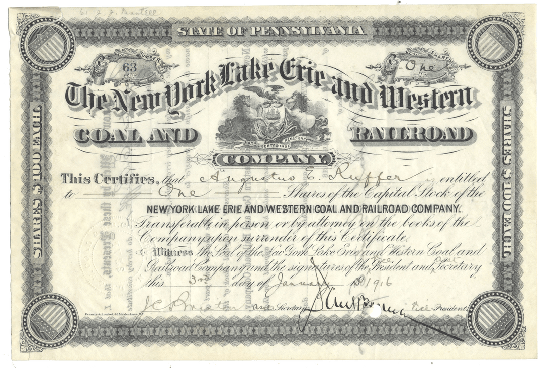 New York, Lake Erie and Western Coal and Railroad Company stock certificate from 1916