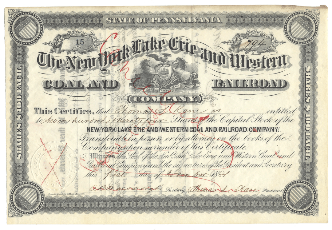 New York, Lake Erie and Western Coal and Railroad Company stock certificate from 1881