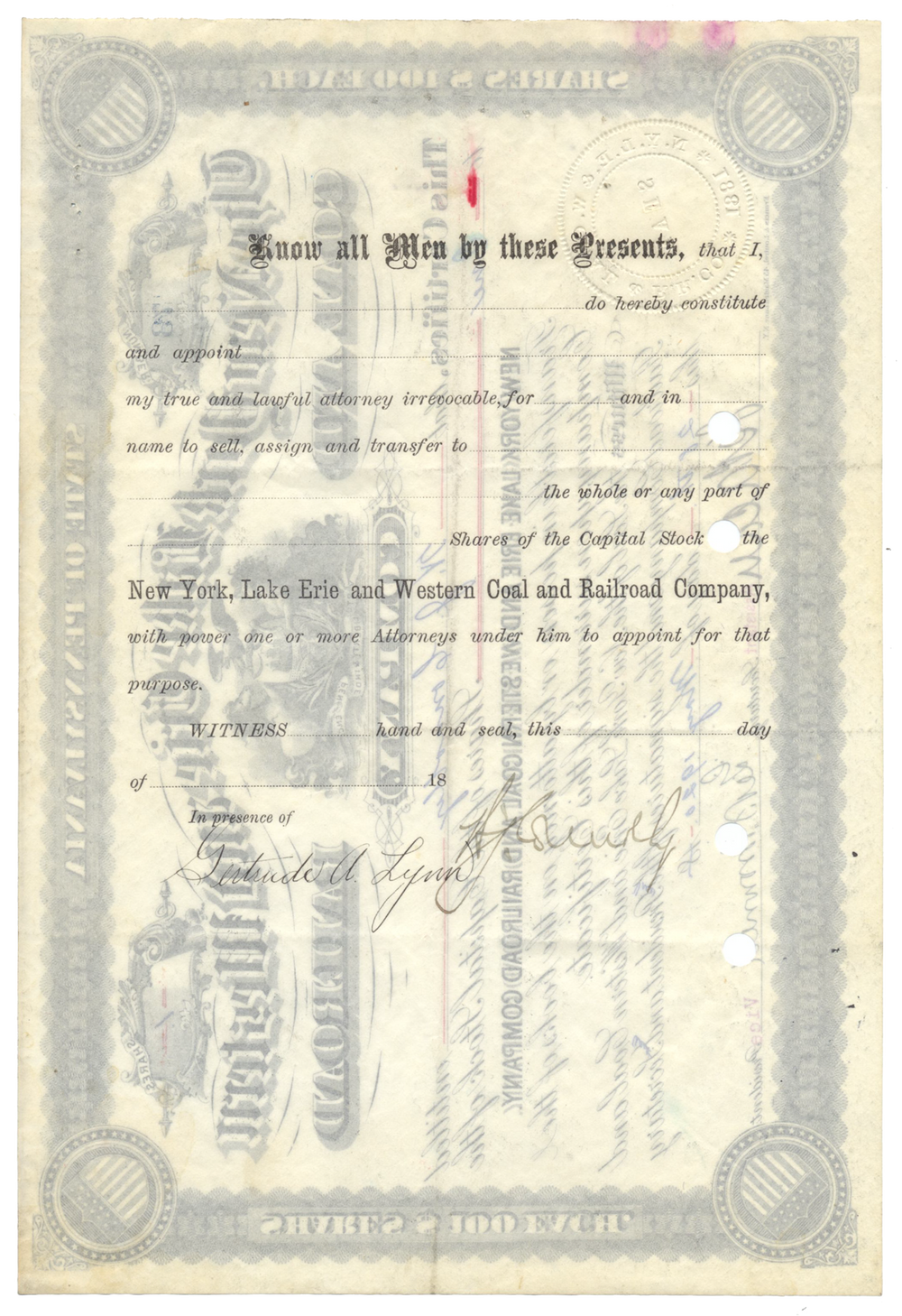 New York, Lake Erie and Western Coal and Railroad Company Stock Certificate