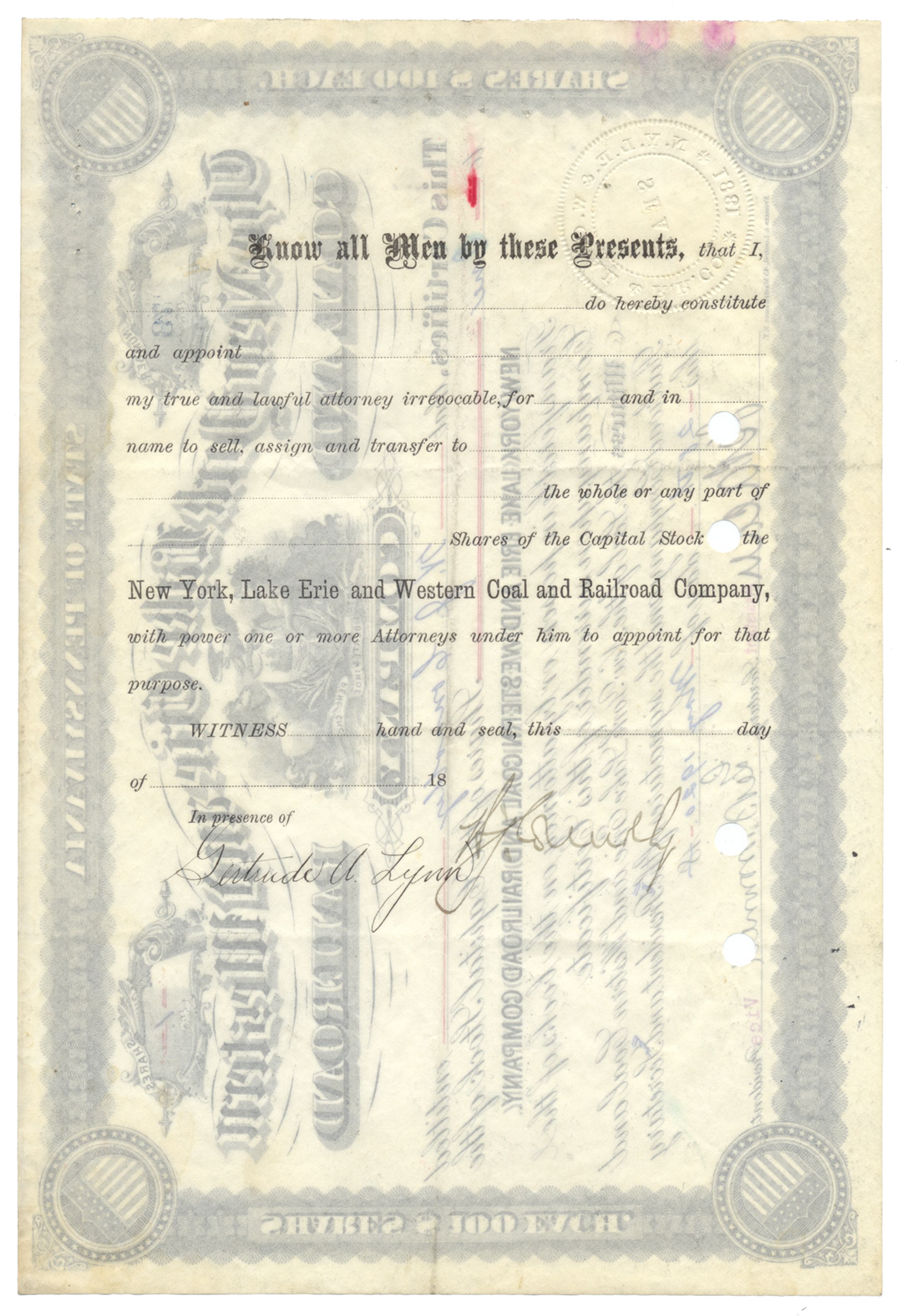 New York, Lake Erie and Western Coal and Railroad Company Stock Certificate