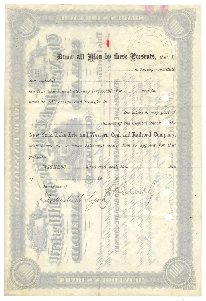 New York, Lake Erie and Western Coal and Railroad Company Stock Certificate