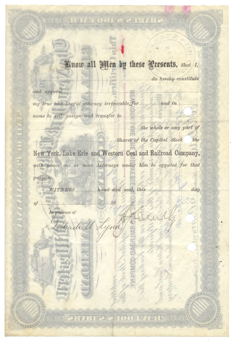 New York, Lake Erie and Western Coal and Railroad Company Stock Certificate