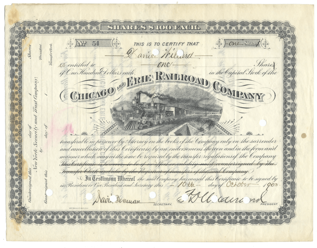 Stock certificate of the Chicago and Erie Railroad Company from 1903