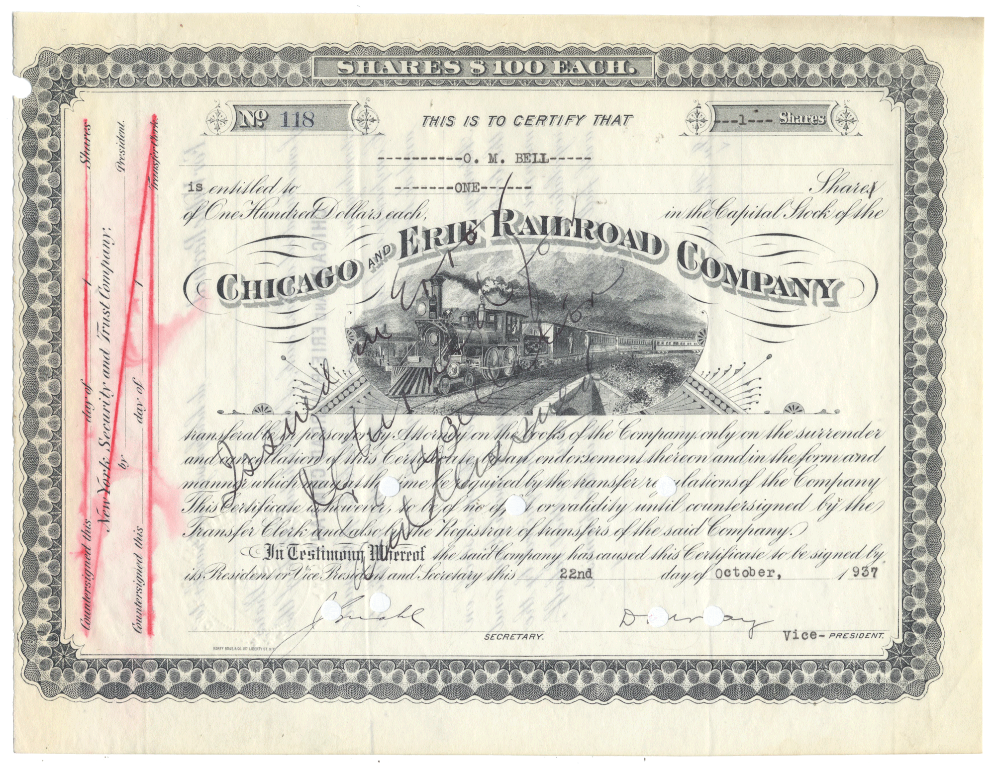 Stock certificate of the Chicago and Erie Railroad Company with a steam locomotive illustration from 1937