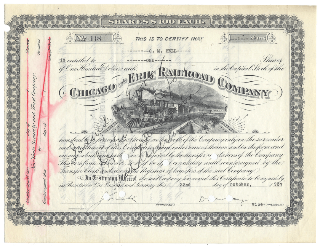 Stock certificate of the Chicago and Erie Railroad Company with a steam locomotive illustration from 1937