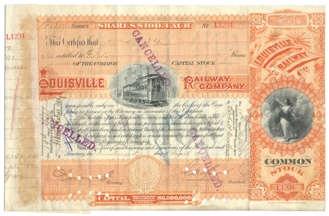 Louisville Railway Company Stock Certificate