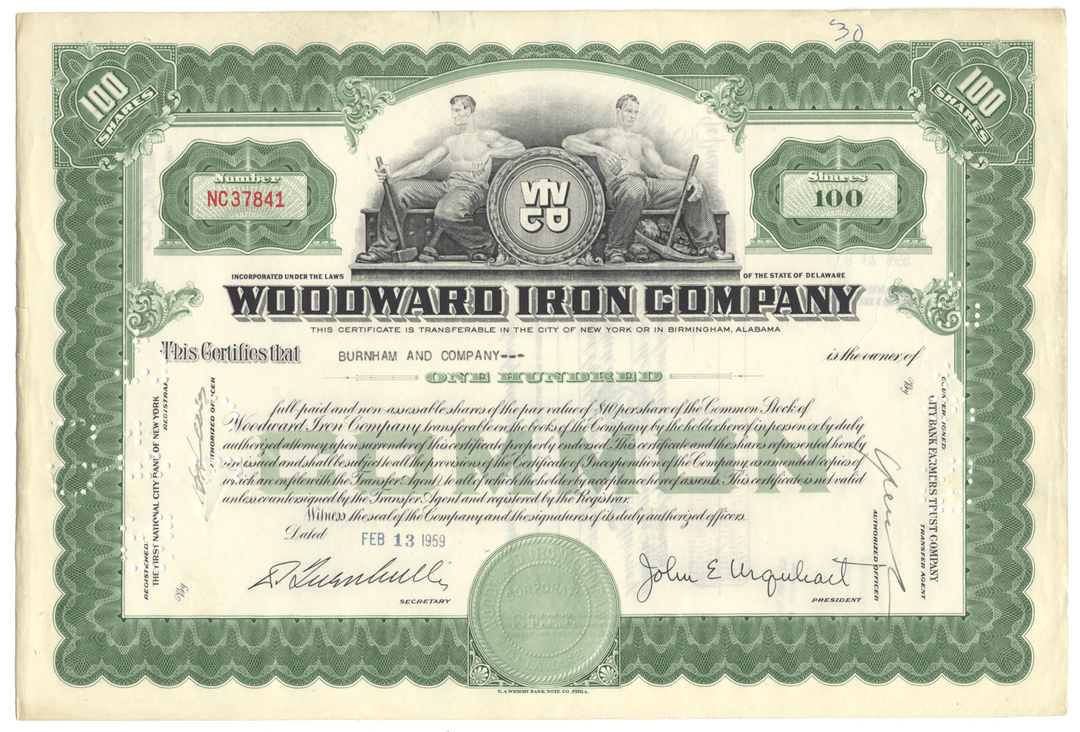 Woodward Iron Company Stock Certificate