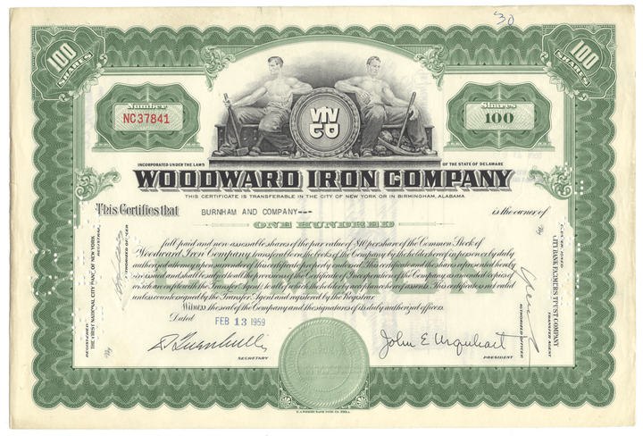 Woodward Iron Company Stock Certificate